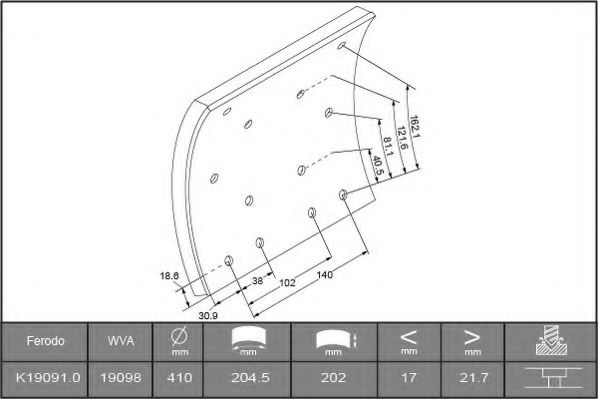 комплект феродо за накладки, барабанни спирачки K19091.0-F3653